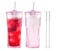 Aegistus 2PCS 600ML Ribbed Glass Tumblers with Lids and Straws, Leakproof Cups, Coffee Glasses, Iced Coffee Cup, Glass Tumbler with Straw and Lid for Iced Coffee, Cocktail, Tea, Smoothie, Pink