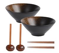 Aegistus 2pcs Ramen Soup Bowls 2pair Chopsticks & 2pcs Wooden Spoon, Brown Large 700ml 7 inch Piece Large Japanese & Chinese Noodle Bowls,Microwavable, Dishwash, Pho, Udon, Pasta & Salad