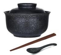 Aegistus Ramen Bowl, Ceramic Ramen Bowl Set with Lid, 750 ml Soup Bowls, Pho, Japanese Vintage Ramen Bowl for Cereals, Soup, Asian Tableware, Microwave and Dishwasher Safe (Black)