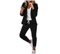 AEGJEGVD 2 Piece Blazer Set Women Elegant Suit Jacket Trousers Long Sleeve No Button Coat Drawstring Pants Business Casual Ladies Office Wedding Guest