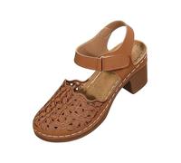 AEGJEGVD Closed Toe Sandals for Women Crochet Thick Heel Hollow Strappy Buckle High Heeled Sandals Ladies Summer Baotou Shoes Bohemian Roman Beach Shoes Outdoor Plus Size Non Slip Sliders 3.5-7.5