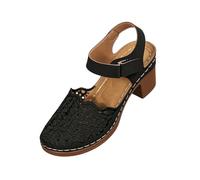 AEGJEGVD Closed Toe Sandals for Women Crochet Thick Heel Hollow Strappy Buckle High Heeled Sandals Ladies Summer Baotou Shoes Bohemian Roman Beach Shoes Outdoor Plus Size Non Slip Sliders 3.5-7.5