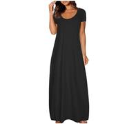 AEGJEGVD Maxi Dresses for Women UK Clearance,Ladies Solid Color Round Neck Short Sleeve Long Dress,Summer Plus Size Casual Dresses Holiday Vacation Beach Sleep Dress with Large Pockets S-5XL