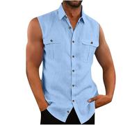 AEGJEGVD Men Linen Tank Tops Clearance,Mens Lapel Sleeveless Solid Color Button Up Shirt Casual Loose Comfort Vests Summer Beach Tank Top Hawaiian Breathable Vest UK Size S-3XL Today's Deals