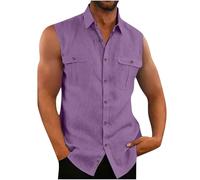 AEGJEGVD Men Linen Tank Tops Clearance,Mens Lapel Sleeveless Solid Color Button Up Shirt Casual Loose Comfort Vests Summer Beach Tank Top Hawaiian Breathable Vest UK Size S-3XL Today's Deals
