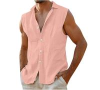 AEGJEGVD Men Linen Vests Clearance,Mens Lapel Sleeveless Solid Color Button Up Shirt Casual Loose Comfort Tank Tops Summer Beach Tank Top Hawaiian Breathable Vest UK Size S-3XL Today's Deals