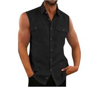 AEGJEGVD Men Linen Vests Clearance,Mens Lapel Sleeveless Solid Color Button Up Shirt Casual Loose Comfort Tank Tops Summer Beach Tank Top Hawaiian Breathable Vest UK Size S-3XL Today's Deals
