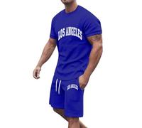 AEGJEGVD Men Tracksuit Set Clearance Oversized Letter Printed 2 Piece Outfits 2024 Summer Gym Sport Sets Mens Round Neck Short Sleeve Tops and Comforty Drawstring Shorts Suit Fashion Co Ord Set M-3XL