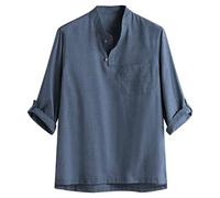 AEGJEGVD Mens Linen Shirts Short Sleeve T-Shirts Summer Casual Loose Fit Tops Plain Band Collar Henley Shirts with Pocket 1/4 Button T Shirts Solid Color Cotton Linen Blouses for Men Sales Clearance