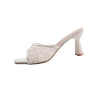 AEGJEGVD Stiletto Sandals for Women Square Open Toe Arch Support Sandals Plus Size Floral Mesh Height-Increasing Shoes Summer Outdoor Beach Vacation Sliders Ladies Shoes 3.5-7