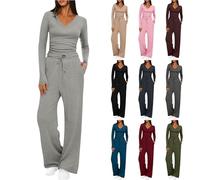 AEGJEGVD Tracksuit Womens Full Set Two Piece Outfit,Ladies Ruched Long Sleeve Crop Tops and Elastic Low Rise Flare Pants Lounge Sets 2 Piece Y2k Outfits Yoga Trousers Set UK Size S-XXL