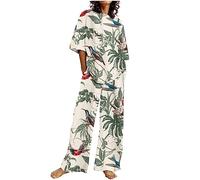 AEGJEGVD Two Piece Outfit Women Summer Linen Co Ord Sets Round Neck Short Sleeve Floral Printed Top and Elastic Straight Leg Trousers Wide Leg Pants Sets Homewear Tracksuit Holiday Sets 8-22