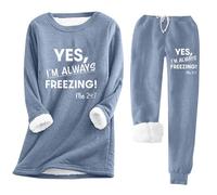 AEGJEGVD Women 2 Piece Set Outfit Sale Clearance,Yes,I'm Always Freezing Me Pajamas Set Today's Deals,Ladies Round Neck Pocket Thickened Plush Long Sleeved Top and Elastic Drawstring Plush Pants Set
