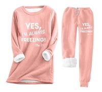 AEGJEGVD Women 2 Piece Set Outfit Sale Clearance,Yes,I'm Always Freezing Me Pajamas Set Today's Deals,Ladies Round Neck Pocket Thickened Plush Long Sleeved Top and Elastic Drawstring Plush Pants Set