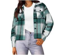 AEGJEGVD Women Checked Jackets,Cropped Shacket Plaid Jacket with Pockets,Fashion Flannels Button Down Long Sleeve Turndown Shirt Outwear,Fall Winter Coat Tops Ladies Outdoor Streetwear Outfits S-4XL