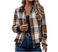 AEGJEGVD Women Flannel Jacket | Plaid Baseball Bomber Jackets with Zip Front & Side Pockets Coats | Lightweight Warm Checked Retro Coat for Autumn Winter | 90s Vintage Casual Loose Fit Outwear S-XXL