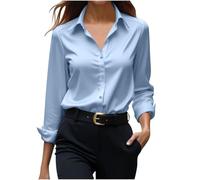 AEGJEGVD Women Satin Silk Shirts,Ladies Solid Color Lapel Long Sleeves Button Down Temperament Shirt,Fall Winter Office Work Elegant Blouses Casual Loose Comofrtable Tops,UK Size S-XXL Blue