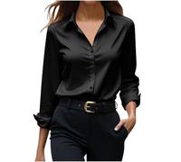 AEGJEGVD Women Satin Silk Shirts,Ladies Solid Color Lapel Long Sleeves Button Down Temperament Shirt,Fall Winter Office Work Elegant Blouses Casual Loose Comofrtable Tops,UK Size S-XXL Black
