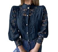 AEGJEGVD Women's Lace Blouses & Shirts,Solid Color Stand Collar Long Sleeve Button Down Elegant Shirt,Ladies Spring Fall Casual Loose Tunic Tops for Party Office Wedding Blouse,UK Size S-3XL Navy