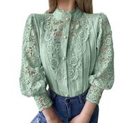 AEGJEGVD Women's Lace Blouses & Shirts,Solid Color Stand Collar Long Sleeve Button Down Elegant Shirt,Ladies Spring Fall Casual Loose Tunic Tops for Party Office Wedding Blouse,UK Size S-3XL Green