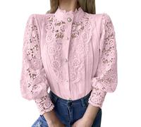AEGJEGVD Women's Lace Blouses & Shirts,Solid Color Stand Collar Long Sleeve Button Down Elegant Shirt,Ladies Spring Fall Casual Loose Tunic Tops for Party Office Wedding Blouse,UK Size S-3XL Pink