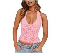 AEGJEGVD Women's Lace Vests Clearance,Ladies V-neck Sexy Open-work Fitted Tank Tops Today's Deals,Fashion Solid Color Short Sliming Tank Top Summer Casual Comfort Breathable Vest UK Size S-XL