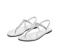 AEGJEGVD Women's Sandals & Slides Pearl Round Head Thong Flat Roman Sandals Non Slip Slides Soft Soled Slippers Summer Comforty Lightweight Slippers Ladies Shoes UK Size 3.5-7.5