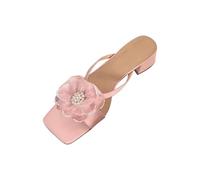 AEGJEGVD Womens Sandals UK Clearance,Ladies Solid Color Flower Square Head Thick Heel Sandal 2025 Spring Summer Roman Casual Low Heel Beach Shoes Brown Walking Slippers Non-Slip Slides Size 3-6.5
