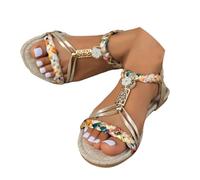 AEHAXGD Bohemian Flat Sandals for Women 2026 Wide Fit Open Toe Flat Sandals with Ankle Strap Women's Embellished Jeweled Beaded Sandals with Shell Details Comfortable Shoes for Beach Walking