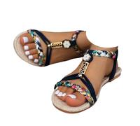 AEHAXGD Bohemian Flat Sandals for Women 2026 Wide Fit Open Toe Flat Sandals with Ankle Strap Women's Embellished Jeweled Beaded Sandals with Shell Details Comfortable Shoes for Beach Walking