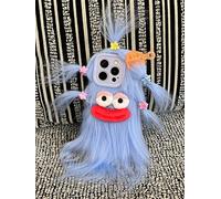 Aeilene Blue Furry Phone Case for iPhone 13 Pro Max, Cute DIY Long Hair Funny Thick Mouth Warm Plush Cases, 3D Cartoon Fuzzy Winter Protective Cover for Women Girls