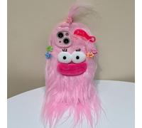 Aeilene Pink Furry Phone Case for iPhone 13 Pro Max, Cute DIY Long Hair Funny Thick Mouth Warm Plush Cases, 3D Cartoon Fuzzy Winter Protective Cover for Women Girls