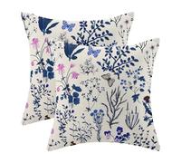 AEIOAE Summer Pillow Covers 20x20 Inch Set of 2,Navy Blue Wild Flower Plant Throw Pillows Case,Seasonal Floral Outdoor Decorative Square Linen Farmhouse Decor Cushion Covers for Home Sofa Bed Couch