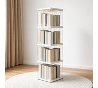 AEIOFAT Rotating Bookshelf, Solid Wood 5-Tier Floor Standing Bookshelf Tower on Wheels, Modern Book Storage Solution for Home & Office (4-Layer, transparent)