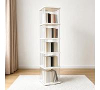 AEIOFAT Rotating Bookshelf, Solid Wood 5-Tier Floor Standing Bookshelf Tower on Wheels, Modern Book Storage Solution for Home & Office (5-Layer, transparent)