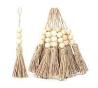 AEKAO 20 Pack Jute Rope Tassel with 3 Wood Beads, Hemp Rope Burlap Tassels for Christmas Tree DIY Craft Wood Beads Garland Project Wedding Home Party Decorations (Natural Color)