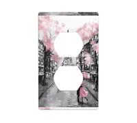 AEKGOHP Paris Street Eiffel Tower Pink Floral Prints Double Socket Wall Panel Decorative is Durable and Suitable for Socket Light Switch Accessories 4.5x2.76in