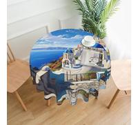 AEKGOHP Round Decorative Tablecloth 60in Santorini Greek Island sea View Prints Waterproof, Washable, and Reusable for Dining, Coffee, Picnic, Wedding, Party