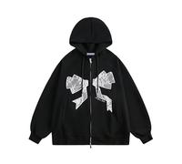 Aelfric Eden Hoodie Zip-Up Embroidery Lace Bow Sweatshirts Y2K Oversized Long Sleeve Pullover Top with Pocket Cotton Casual Black M