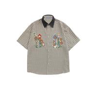 Aelfric Eden Men's Checked Short Sleeve Shirts Summer Casual Shirts Men's Shirts Plaid Embroidery Shirt Short Sleeve Shirt Casual, black, L