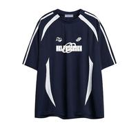 Aelfric Eden Oversized T-Shirt Men 90s Shirt Women Contrast Color Stripe Racing Tee Unisex Streetwear Graphic Casual Vintage Summer Tops Navy Blue, XS
