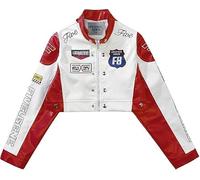 Aelfric Eden Women's Faux Leather Cropped Racing Jacket Zip Patchwork Letters Print Motorcycle Jacket Hiphop Y2K Streetwear, red, M