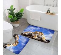 AELKSP 2 Piece Non Slip Bathroom Rugs Set,Luxury Thick Microfiber Shaggy Bath Mat Sets,Tiger Sitting On Wood Under Blue Sky Wildlife View Stripes Predator White,Machine Washable Bathroom Mats Carpet
