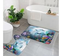 AELKSP 2 Piece Non Slip Bathroom Rugs Set,Luxury Thick Microfiber Shaggy Bath Mat Sets,Underwater World Coral Fish Dolphin Plants Marine Life Blue Background,Machine Washable Bathroom Mats Carpet