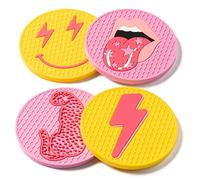 AellasNervalt 4Pcs Preppy Car Cup Coaster Smile Face Lightning Bolt Leopard Lip Silicone Drink Coasters Non-Slip Heat Resistant Mugs Mat Cup Holders Auto Accessories for Teen Girls Pink Yellow 2.8 in