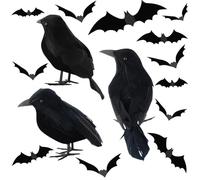 Aelmiyw 3Pack Halloween Black Crows with 12PCS Halloween Bats Decoration Plastic Bat Wall Stickers, Halloween Ravens Decor, Halloween Decoration Fake Bird, Halloween Ravens Décor Props