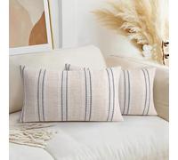 AELS 12x20 Decorative Farmhouse Linen Throw Pillow Covers, Boho Textured Pillow Case, Set of 2, Beige with White & Navy Blue Stitch Yarn Dyed Stripe Cushion Cover for Couch Living Room (Cover ONLY)