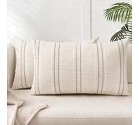 AELS 12x20 Decorative Farmhouse Linen Throw Pillow Covers, Boho Textured Pillow Case, Set of 2, Beige with White & Brown Stitch Yarn Dyed Stripe Cushion Cover for Sofa Couch Living Room (Cover ONLY)