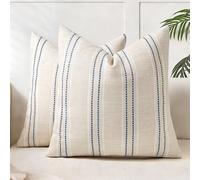 AELS 16x16 Decorative Farmhouse Linen Blend Throw Pillow Covers, Boho Textured Pillow Case, Set of 2, Beige with White & Navy Blue Stitch Yarn Dyed Stripe Cushion Cover for Living Room (Cover ONLY)