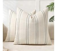 AELS 16x16 Decorative Farmhouse Linen Throw Pillow Covers, Boho Textured Pillow Case, Set of 2, Beige with White & Gray Stitch Yarn Dyed Stripe Cushion Cover for Sofa Couch Living Room (Cover ONLY)
